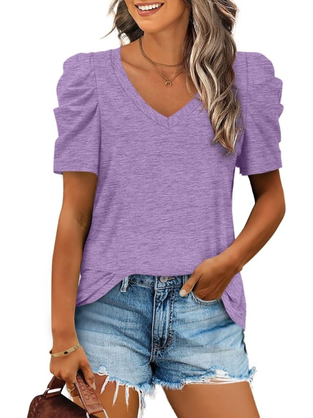 Women's Lavender Polyester Blend Puff Sleeve V Neck Pull On Casual Henley Shirts